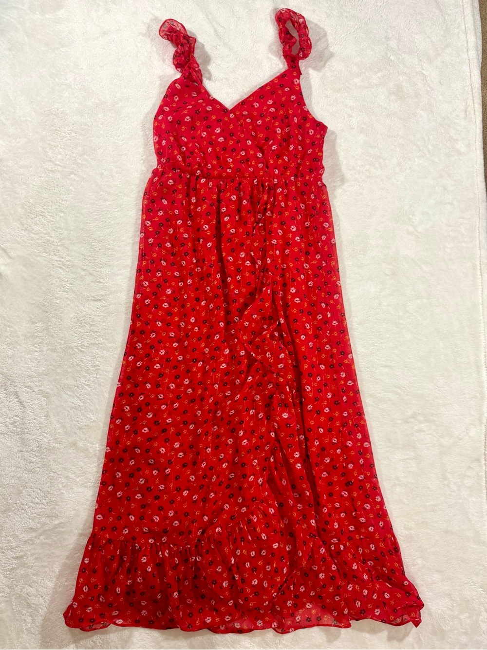 Madewell Ruffle-Strap Wrap Dress Prairie Posies Red Floral Maxi Midi Size 2